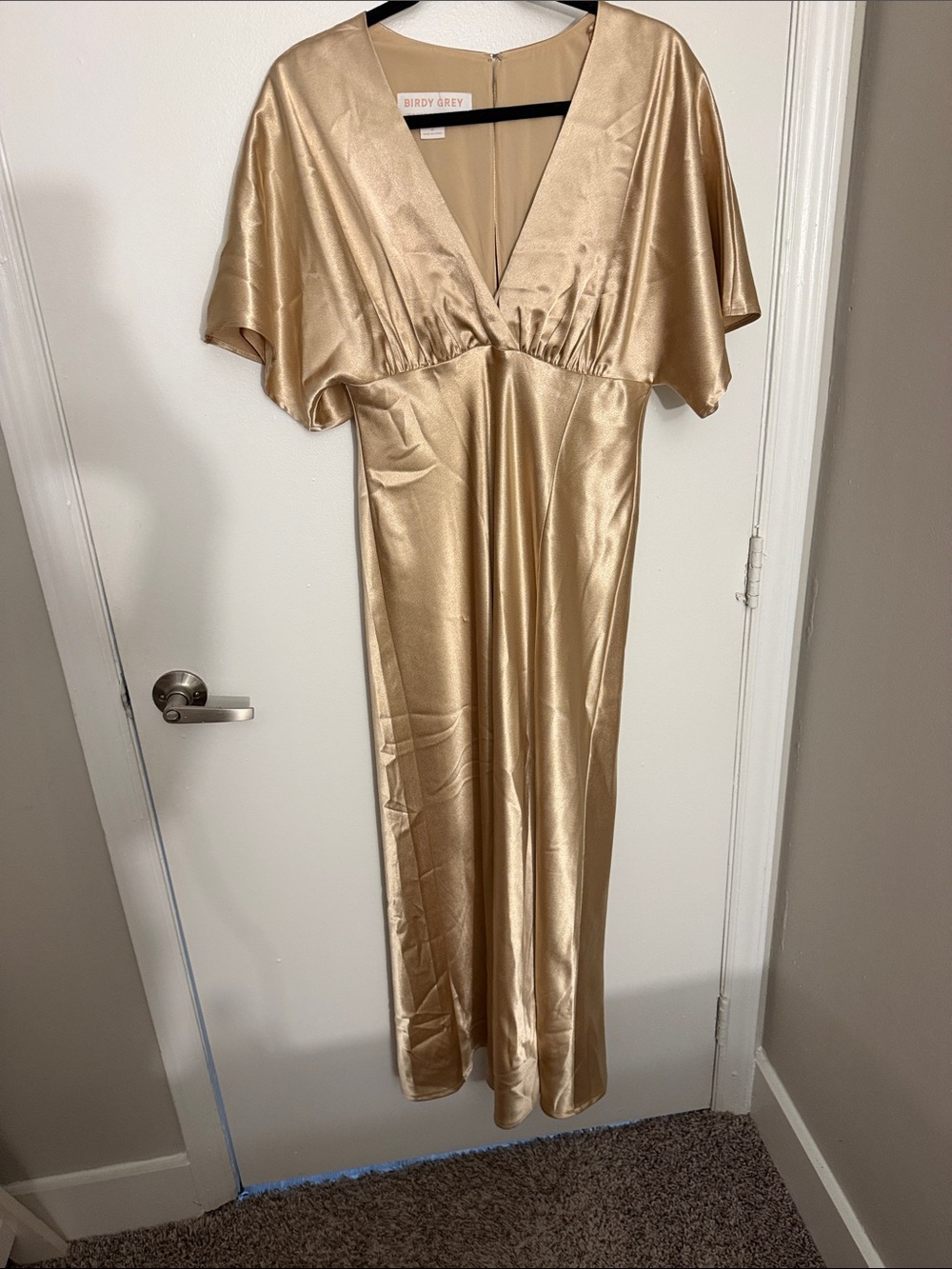 Birdy Grey Gold Satin Slip Dress with Flutter Sleeves